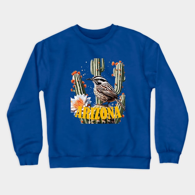 Arizona Cactus Wren Surrounded By Cactus Blossom Crewneck Sweatshirt by taiche